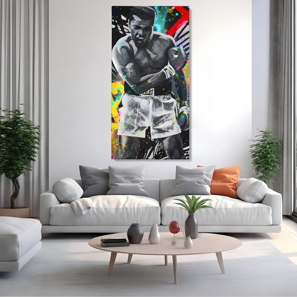Tablou canvas cu tablou canvas cu muhammad ali in alb si negru, fara rama, pe sasiu de lemn, pe perete intr-un living